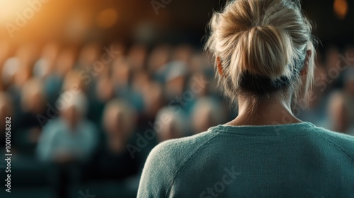 A woman with blond hair, viewed from behind, presents to a large and attentive audience in a well-lit auditorium, focusing on her presentation material.