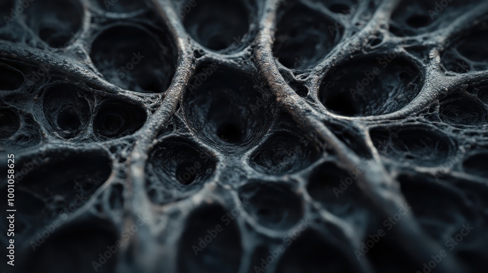 A close-up view of a complex, dark biological or synthetic texture, featuring an intricate pattern of web-like structures and holes, evoking a sense of mystery. A close-up view of a complex, dark biological or synthetic texture, featuring an intricate pattern of web-like structures and holes, evoking a sense of mystery.