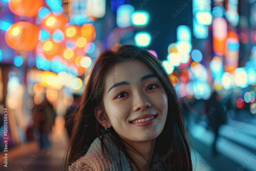 Happy woman enjoying a night out in a vibrant urban setting, embracing freedom and adventure during her vacation amidst colorful neon lights Happy woman enjoying a night out in a vibrant urban setting, embracing freedom and adventure during her vacation amidst colorful neon lights