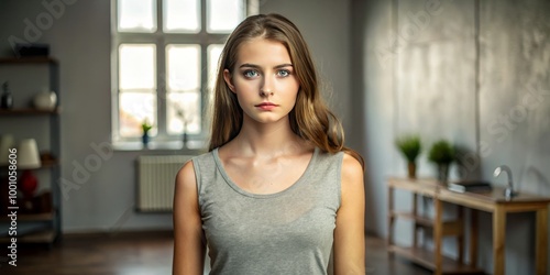 In a gray sleeveless t-shirt, a young woman stands confidently indoors, her poise contrasting against a warm, neutral Free Download In a gray sleeveless t-shirt, a young woman stands confidently indoors, her poise contrasting against a warm, neutral - GFXLoad