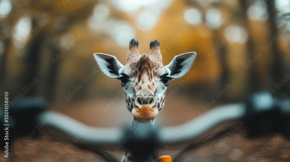 Obraz premium A curious giraffe stands centered within the frame of a bicycle's handlebars, aligned on a forested path, blending elements of wildlife and adventure within a natural setting.