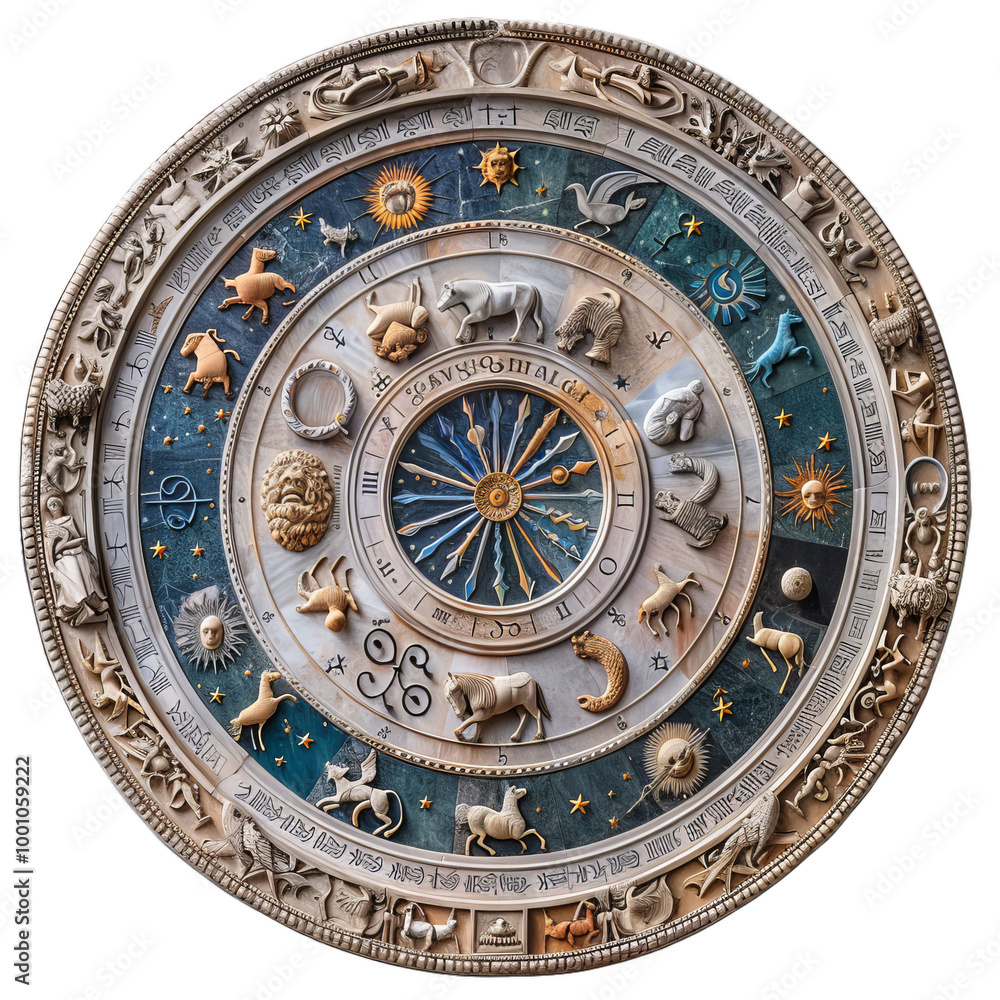 Obraz premium Intricate zodiac clock face with roman numerals, showing astrological signs, symbols, and the twelve months of the year