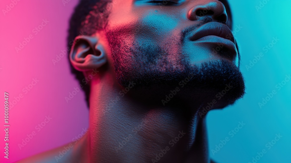 An abstract image of a color-lit neck and jawline, providing a profile view that artistically highlights the human form in striking neon hues evoking mystery and depth. An abstract image of a color-lit neck and jawline, providing a profile view that artistically highlights the human form in striking neon hues evoking mystery and depth.
