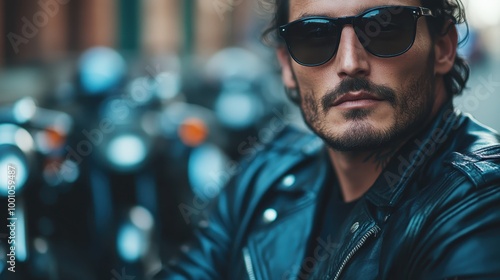 A confident man in a leather jacket and sunglasses rides his motorcycle outdoors, capturing the essence of freedom and adventure in a modern, edgy scene.