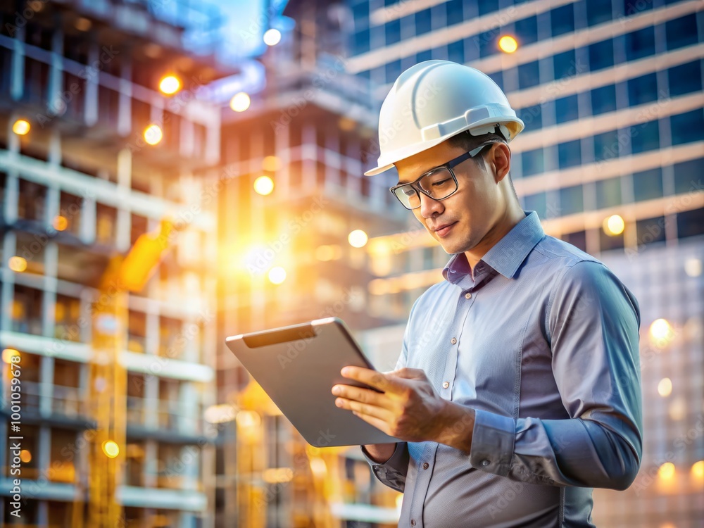 Engineer Using Tablet at Construction Site for Innovative Architectural Design and Safety Control Engineer Using Tablet at Construction Site for Innovative Architectural Design and Safety Control