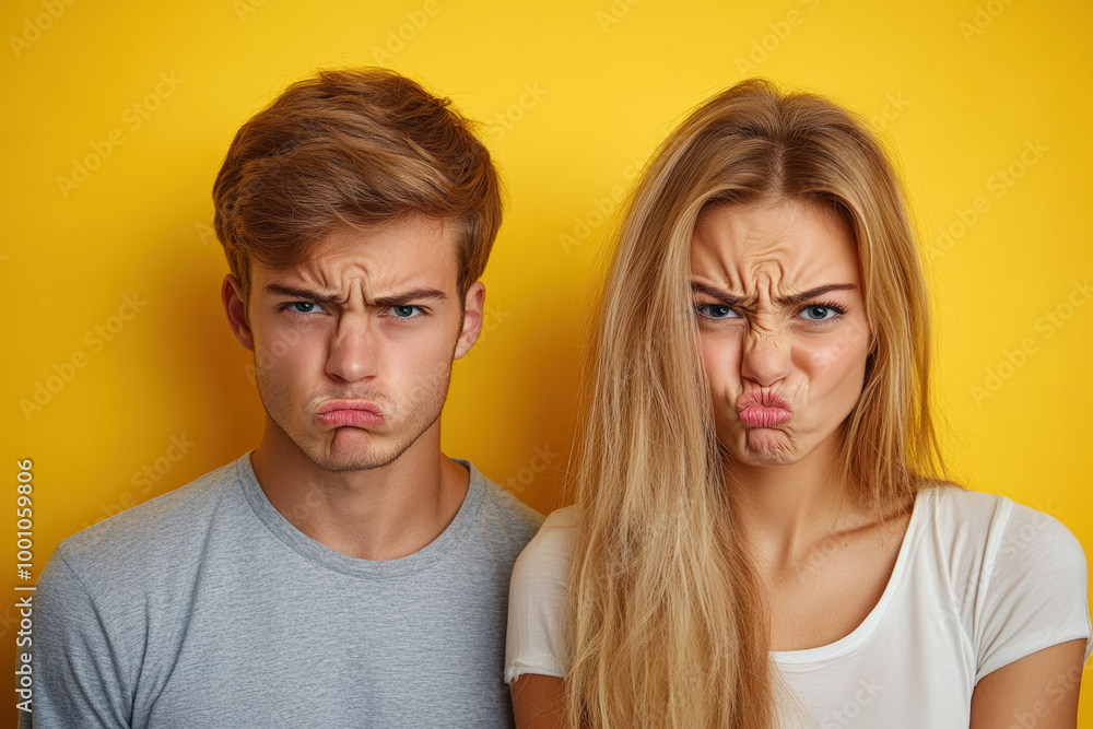 Two People Making Silly Displeased Faces Against Yellow Background Two People Making Silly Displeased Faces Against Yellow Background