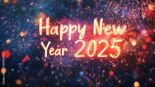 A beautiful display of fireworks with the words "Happy New Year 2025" glowing brightly, long exposure revealing intricate patterns and colors.