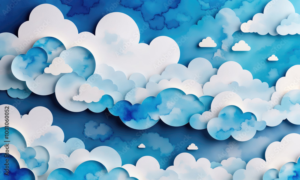 Paper clouds layered over a blue watercolor background create a dreamy, artistic sky Paper clouds layered over a blue watercolor background create a dreamy, artistic sky