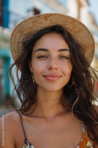 Joyful summer vibes with a woman wearing a hat, smiling in the sun. Enjoying nature, sunshine, and relaxation during a tropical getaway, embracing freedom and fun in pleasant weather