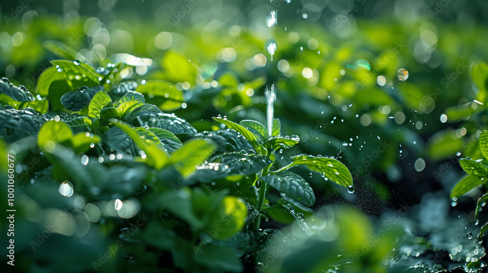 Macro Shot of Smart Irrigation System Spraying Water onto Green Plants Macro Shot of Smart Irrigation System Spraying Water onto Green Plants