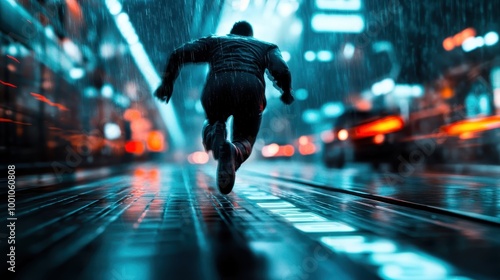 A man runs down a wet city street at night illuminated by neon lights. The scene is energetic and fast-paced, capturing motion and urgency in a futuristic urban environment.