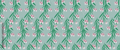 Creative branch oxystelma esculentum flowers and green leaves seamless pattern design for trendy print. Fantasy print, great design for any purposes. photo