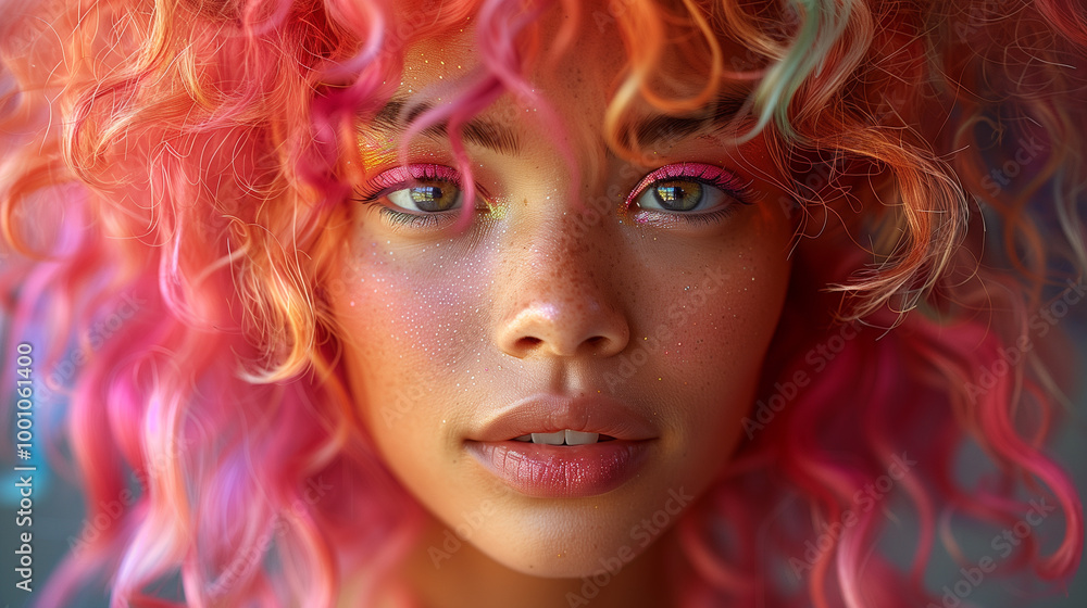 Close-Up of Young Woman's Face Illuminated by Neon Lights Close-Up of Young Woman's Face Illuminated by Neon Lights
