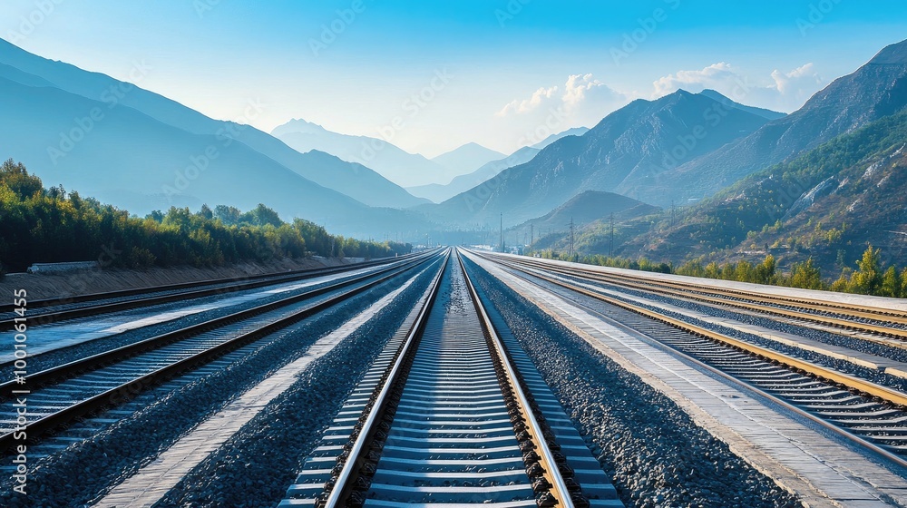 Fototapeta premium A shot of the high-speed train's tracks stretching into the distance, framed by scenic mountains and clear skies, symbolizing modern travel.