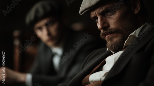 Men dressed in vintage attire with caps, sitting in a dimly-lit setting, evocative of an earlier era, emphasizing a sense of nostalgia and historical ambiance.