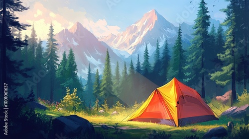 Wallpaper Mural A brightly colored camping tent stands in a forest clearing, with a majestic mountain range in the distance and sunlight streaming through the trees. Torontodigital.ca