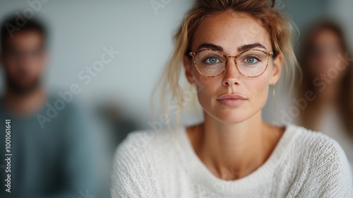 A young woman with light hair and glasses appears thoughtful, sitting casually in a neutral setting, embodying intelligence and contemplation. photo