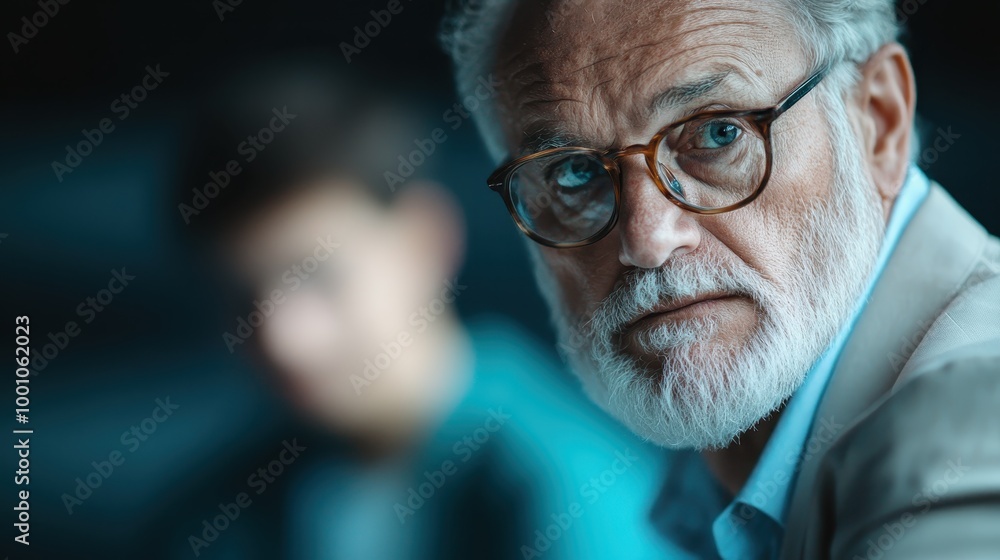 An older man with a white beard and glasses appears deep in thought, looking intently into the distance. His expression conveys wisdom and experience. An older man with a white beard and glasses appears deep in thought, looking intently into the distance. His expression conveys wisdom and experience.