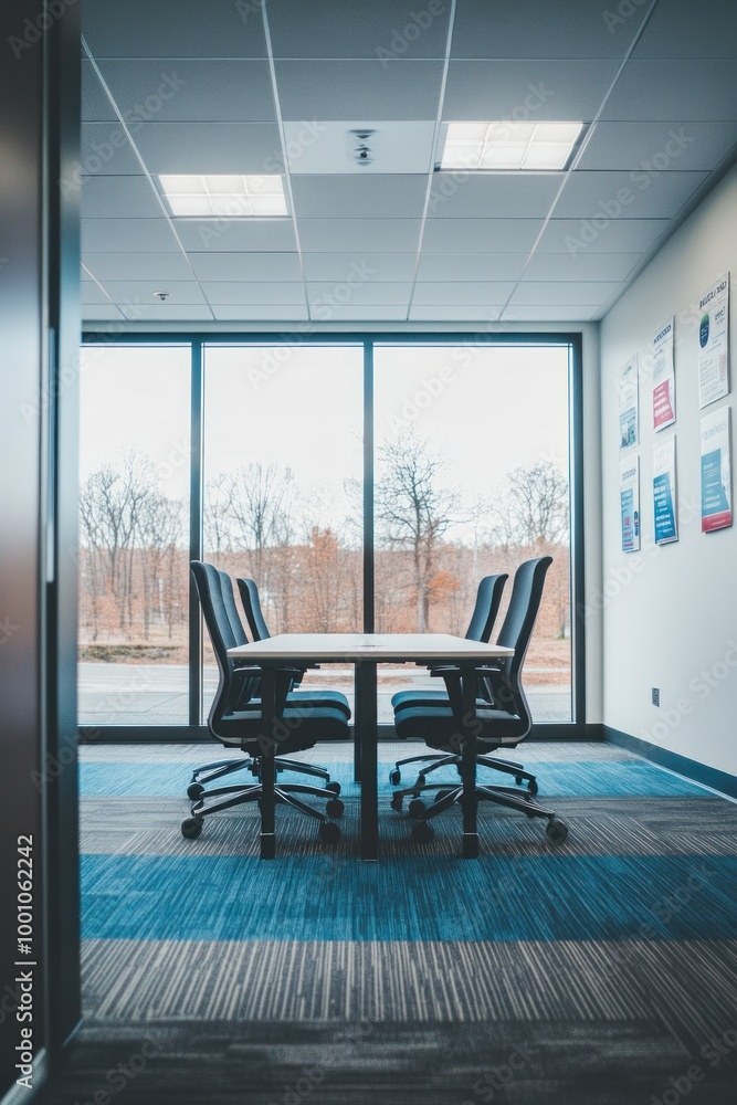 Fototapeta premium A modern office meeting room with a table and chairs, featuring large windows and a view.