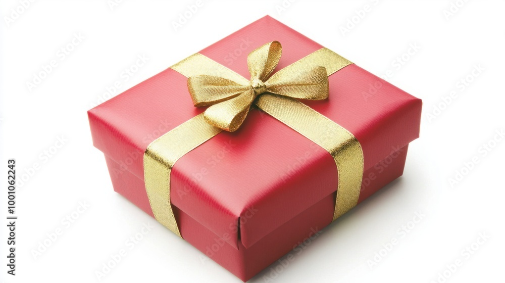 Obraz premium New Year gift box wrapped in glossy red paper with a gold ribbon, isolated on white background, showing festive spirit.