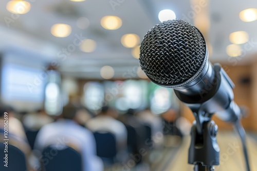 Individual addressing an audience at a training session or seminar, featuring a blurred background. A professional leader delivering a presentation in a simulated environment