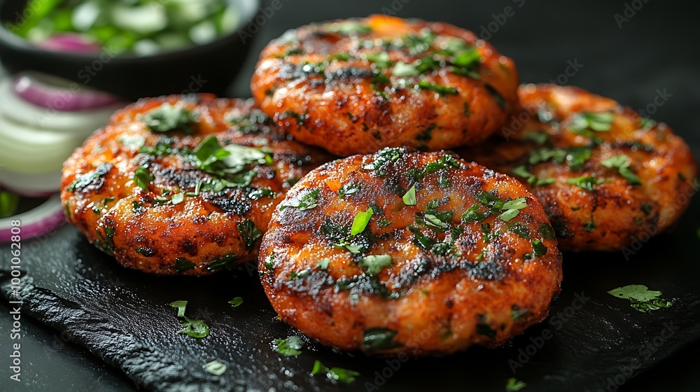 A close-up of four crispy and golden brown patties garnished with fresh parsley, served on a black slate plate. A close-up of four crispy and golden brown patties garnished with fresh parsley, served on a black slate plate.