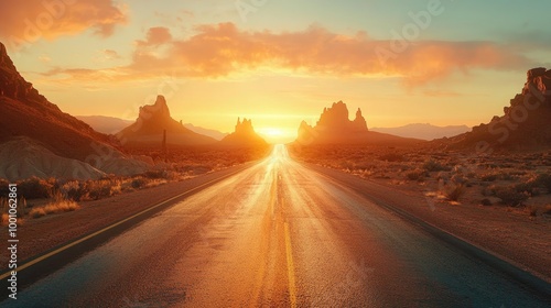 A stunning road through a desert landscape, with striking rock formations and a sunset casting warm hues across the expansive, open road.