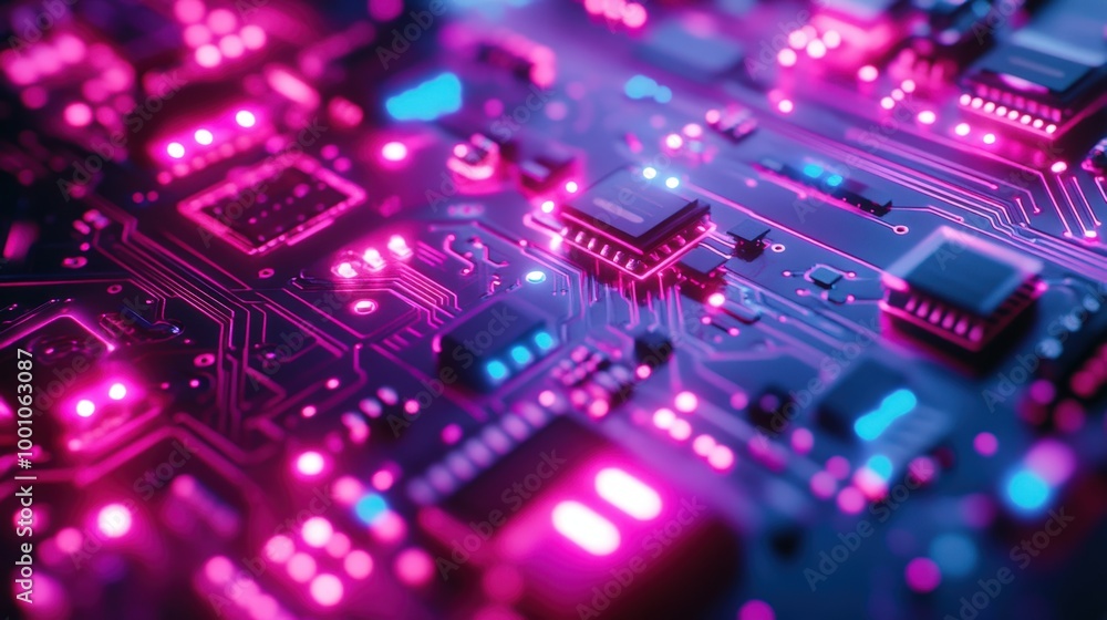 Fototapeta premium Vibrant circuit board with glowing pink and blue lights