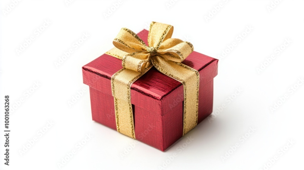 Shiny red and gold New Year gift box, perfectly tied with a decorative ribbon, isolated on a clean white background. Shiny red and gold New Year gift box, perfectly tied with a decorative ribbon, isolated on a clean white background.