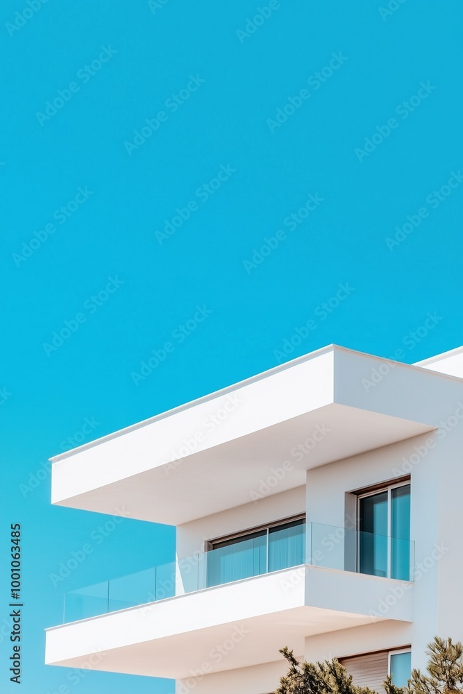 The upper floors of a modern high-rise building with a white facade against a clear sky. Modern architecture. City real estate The upper floors of a modern high-rise building with a white facade against a clear sky. Modern architecture. City real estate