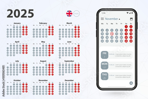 Calendar app for Cell phone, vector calendar 2025 week stars from Monday.