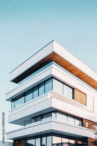 The upper floors of a modern high-rise building with a white facade against a clear sky. Modern architecture. City real estate