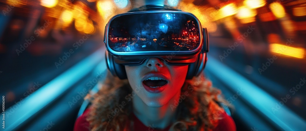 A woman wearing a virtual reality headset is looking at a screen. A woman wearing a virtual reality headset is looking at a screen.