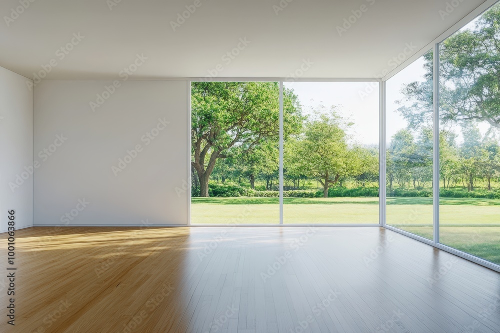 Obraz premium Bright and spacious modern room with panoramic view of lush green garden