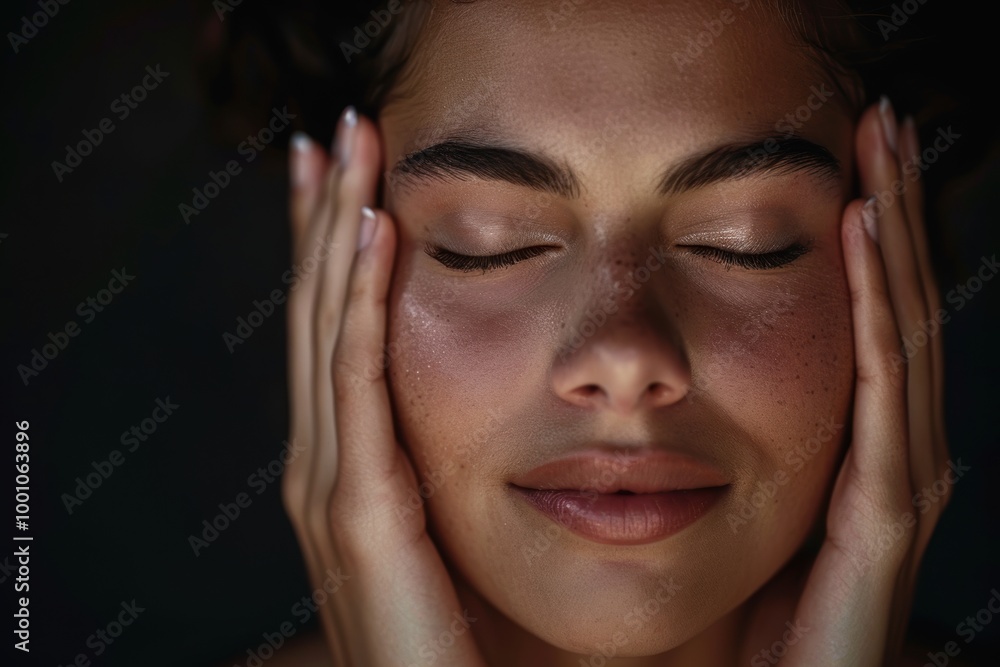 Woman with closed eyes in a studio setting on a dark background, enjoying a spa facial treatment. Emphasizes beauty skincare, makeup, and a feeling of well-being Woman with closed eyes in a studio setting on a dark background, enjoying a spa facial treatment. Emphasizes beauty skincare, makeup, and a feeling of well-being