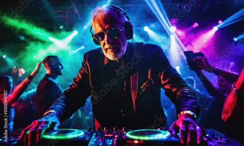 A man in a nightclub spins records on a DJ setup, surrounded by dancing partygoers