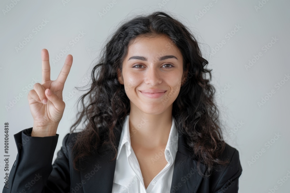 Joyful businesswoman making a peace sign against a white background, expressing happiness and confidence with a smile and positive gesture in a studio setting Joyful businesswoman making a peace sign against a white background, expressing happiness and confidence with a smile and positive gesture in a studio setting