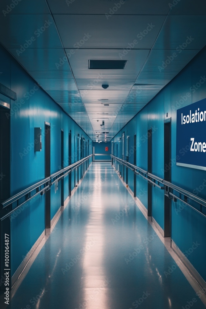 Fototapeta premium A long, blue corridor with doors marked for isolation, suggesting a clinical environment.