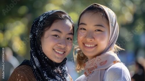 Smiling young women from diverse ethnic backgrounds, standing closely together