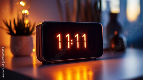 Digital Clock Displaying 11:11 on Modern Nightstand with Soft Ambient Lighting