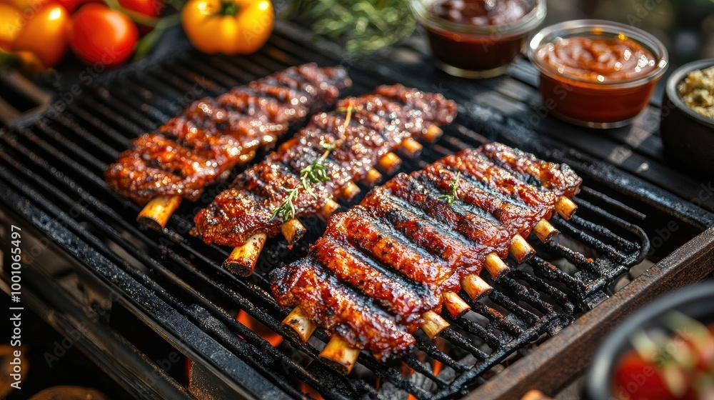 A vibrant outdoor barbecue scene with pork ribs sizzling on the grill, surrounded by a variety of sauces and side dishes, capturing the essence of a summer cookout. A vibrant outdoor barbecue scene with pork ribs sizzling on the grill, surrounded by a variety of sauces and side dishes, capturing the essence of a summer cookout.