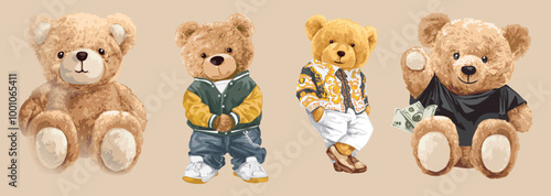 PrintAdorable Cartoon Teddy Bear Doll Set for Babies and Children – Soft Fluffy Stuffed Toys in Beige and Brown Colors, Trendy Vector Illustrations