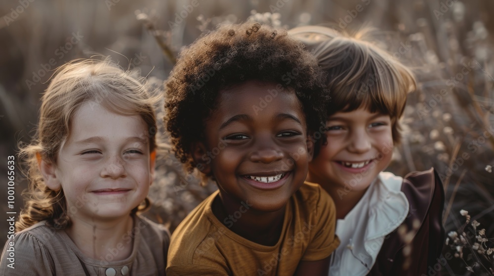 Three children with different skin tones, smiling joyfully Three children with different skin tones, smiling joyfully