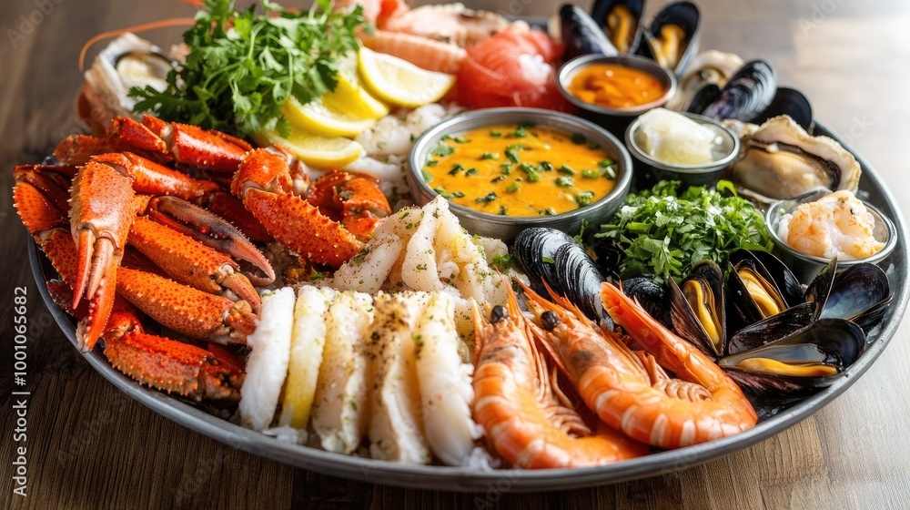 A vibrant seafood platter featuring a variety of fresh items, including shrimp, crab legs, mussels, and oysters, elegantly arranged with lemon wedges and dipping sauces. A vibrant seafood platter featuring a variety of fresh items, including shrimp, crab legs, mussels, and oysters, elegantly arranged with lemon wedges and dipping sauces.