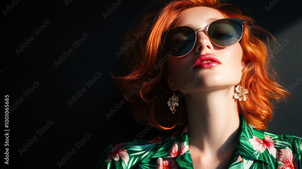 A fashionable red-haired woman poses confidently in sunglasses, her expression enigmatic and poised against bright lighting, wearing an elegant floral shirt. A fashionable red-haired woman poses confidently in sunglasses, her expression enigmatic and poised against bright lighting, wearing an elegant floral shirt.