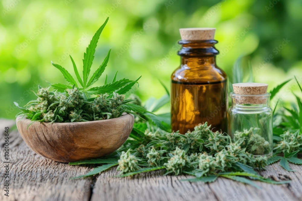 Organic cannabis oil and hemp leaves Organic cannabis oil and hemp leaves