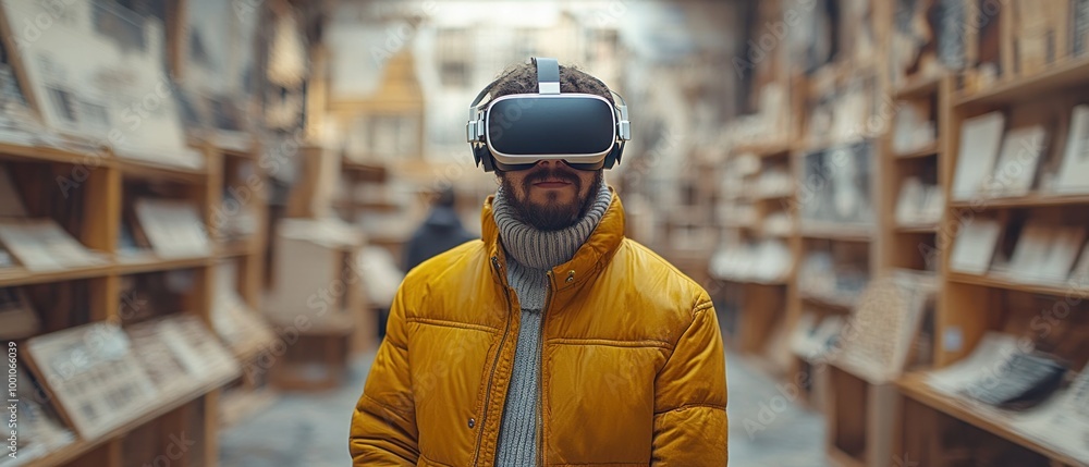 A man in a yellow jacket stands in a room with a virtual reality headset on. A man in a yellow jacket stands in a room with a virtual reality headset on.