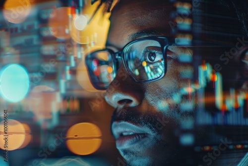 Contemplating finance with a hologram as a man works on a laptop, focusing on stock trading, data analytics, and research. Digital overlay emphasizes business strategy and brainstorming