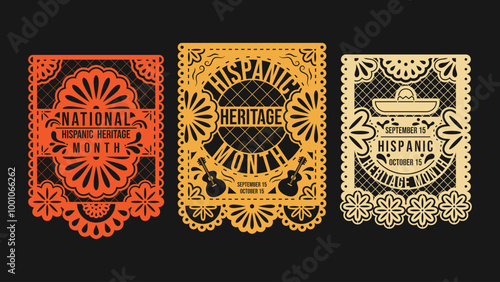 Hispanic heritage month folk banner. Collection of 3 cutout vertical posters. Carved ornament on black background. Great for a greeting card, invitation, print.