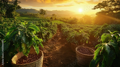 A wide-angle view of a coffee plantation, with rows of coffee plants and baskets filled with freshly picked coffee beans under the golden sunlight of dawn. photo